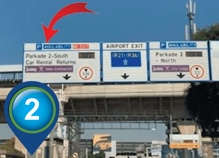 Overhead sign for Parkade 2 South Car Rental Returns
